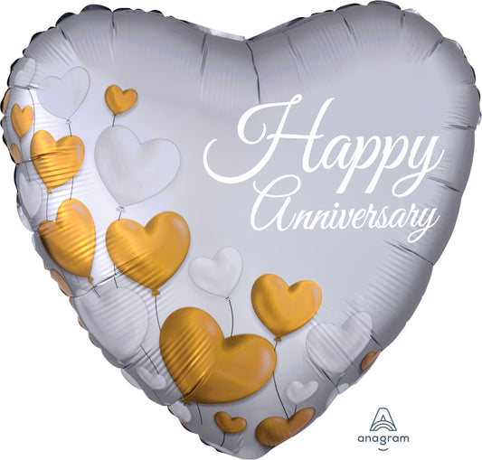 18" Anniversary Platinum Hearts Balloon(Helium Inclued)