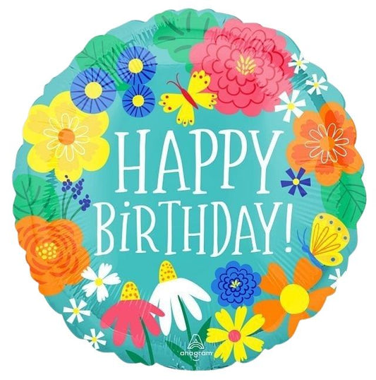 18" Happy Birthday Pretty Flowers In Teal Balloon(Helium Inclued)