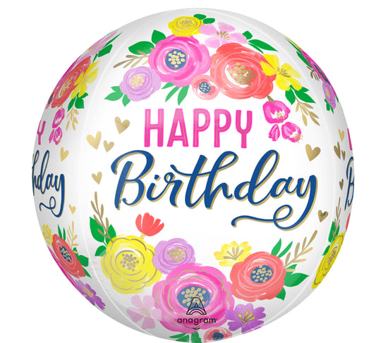 15"Orbz Artful Floral Birthday Balloon(Helium Inclued)