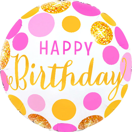 18" Happy Birthday Pink and Gold Polka Dots Balloon(Helium Inclued)