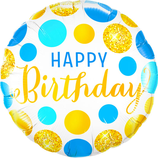 18" Happy Birthday Gold and Blue Polka Dots Balloon(Helium Inclued)
